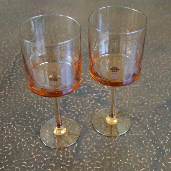 Dining | Retro Amber Etched Flat Bottom Stemmed Wine Glass Set Of 2 |  Poshmark